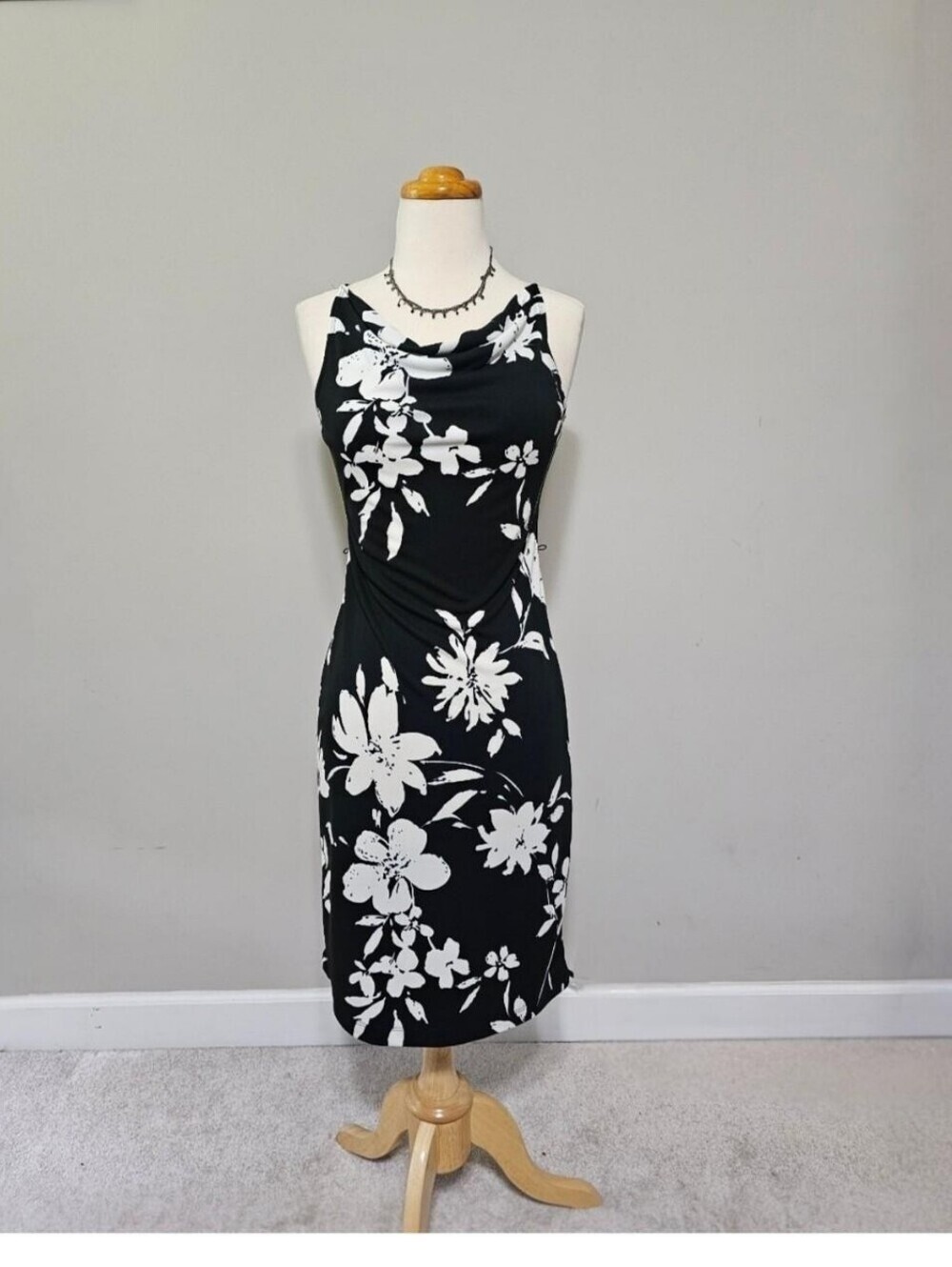 Vintage Y2K Rampage Black White Floral Cowl Neck Bodycon Midi Dress S